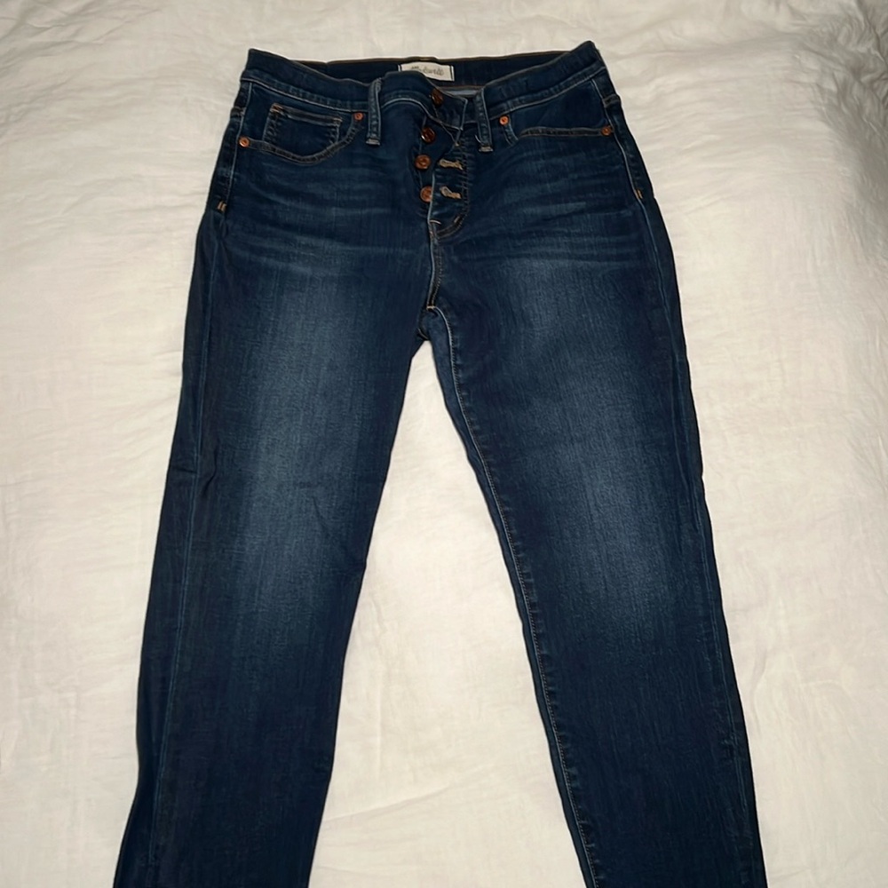 Madewell 9” midrise dark wash skinny jeans.